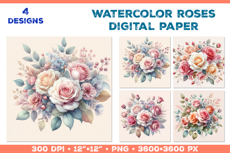 Watercolor Roses Digital Paper Elegant Floral Design