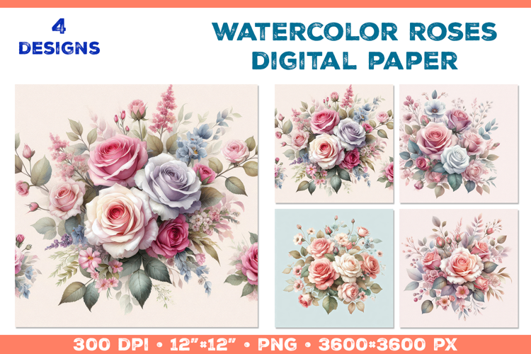 Watercolor Roses Digital Paper Elegant Floral Design