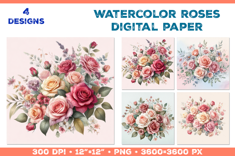 Watercolor Roses Digital Paper Elegant Floral Design