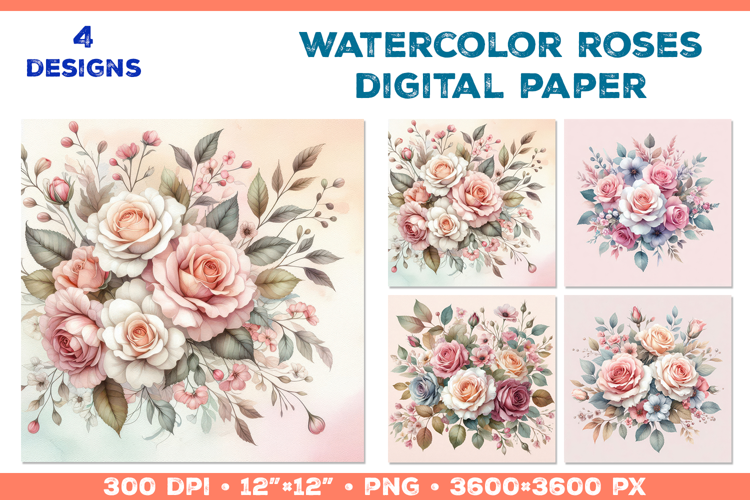 Watercolor Roses Digital Paper Elegant Floral Design