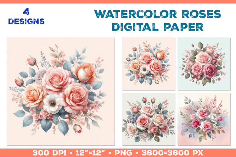 Watercolor Roses Digital Paper Elegant Floral Design