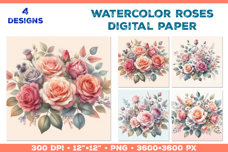 Watercolor Roses Digital Paper Elegant Floral Design