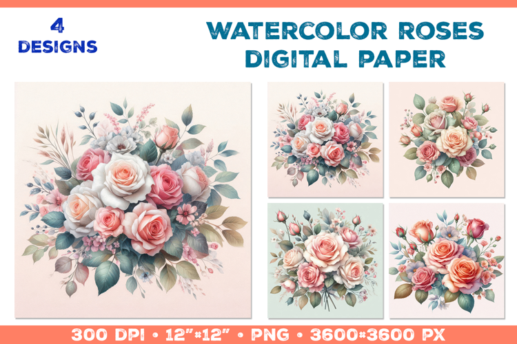 Watercolor Roses Digital Paper Elegant Floral Design