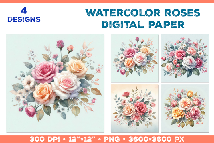 Watercolor Roses Digital Paper Elegant Floral Design