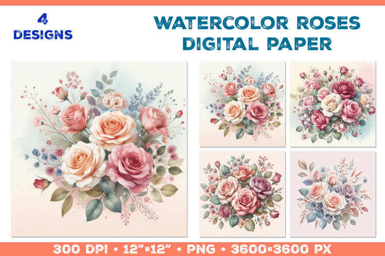 Watercolor Roses Digital Paper Elegant Floral Design