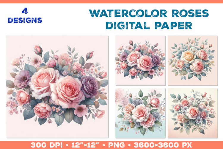 Watercolor Roses Digital Paper Elegant Floral Design