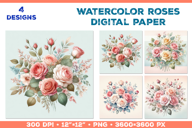 Watercolor Roses Digital Paper Elegant Floral Design