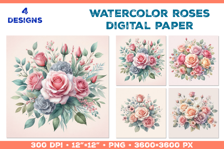 Watercolor Roses Digital Paper Elegant Floral Design