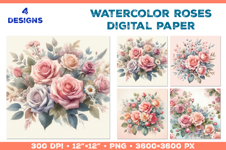 Watercolor Roses Digital Paper Elegant Floral Design