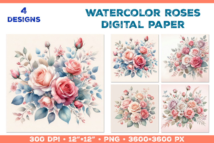 Watercolor Roses Digital Paper Elegant Floral Design