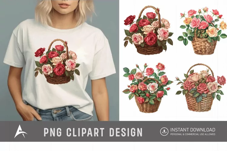 Watercolor Roses in a Basket Clipart