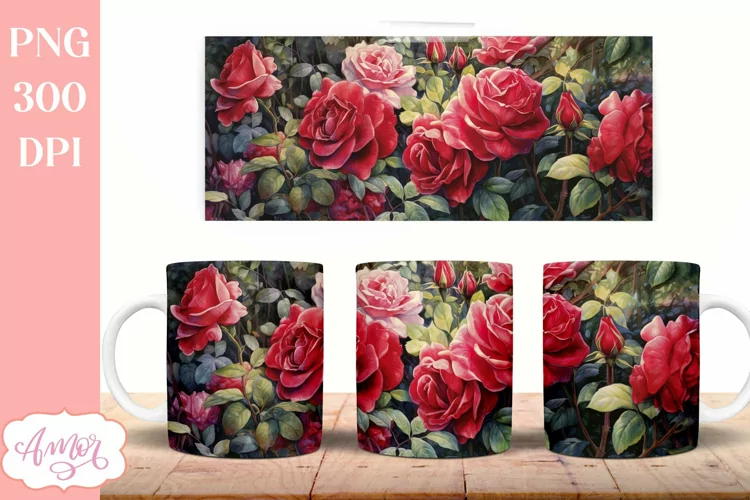 Watercolor roses mug wrap PNG for sublimation, floral mug