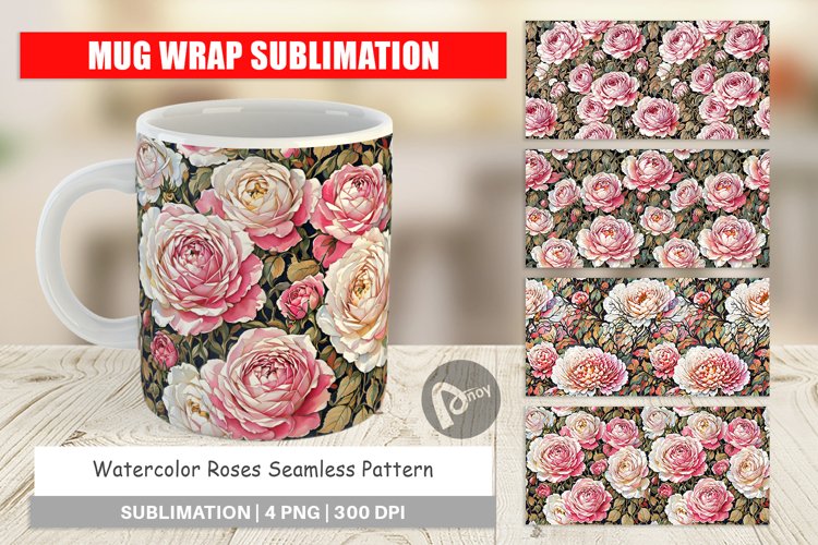 Mug Wrap Design Watercolor Roses Pattern