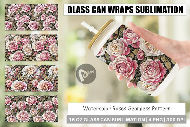 Glass Can Wraps Watercolor Roses Pattern