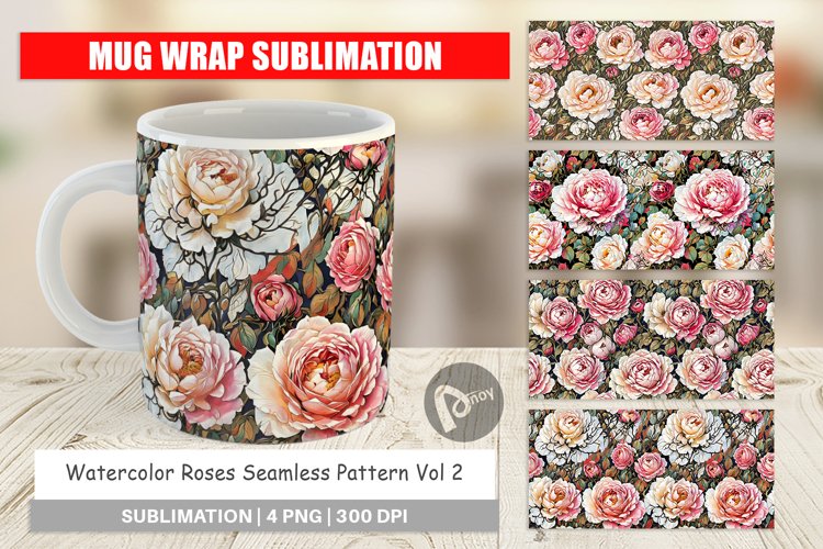 Mug Wrap Design Watercolor Roses Pattern
