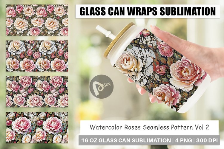 Glass Can Wraps Watercolor Roses Pattern