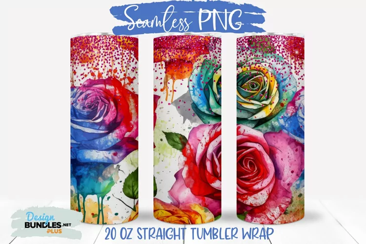 Watercolor Rainbow Roses Tumbler Wrap, Glitter Tumblers PNG