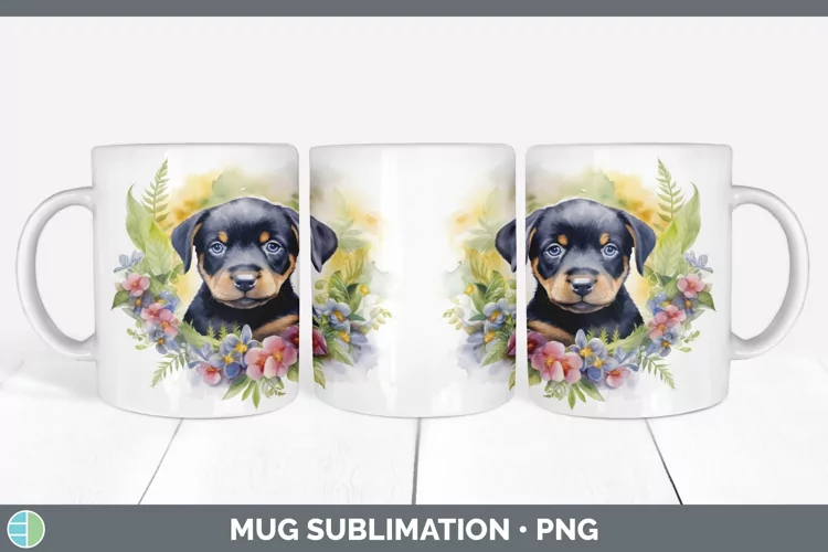 Watercolor Rottweiler Dog Mug Wrap | Sublimation Coffee Cup
