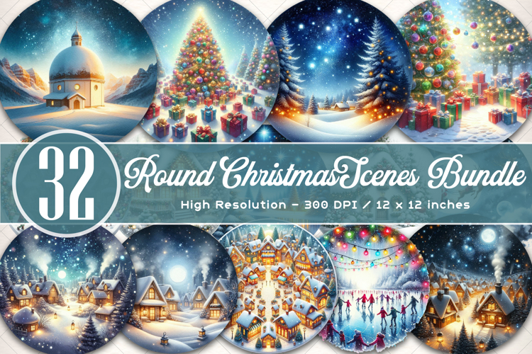 Watercolor Round Christmas Scenes Bundle