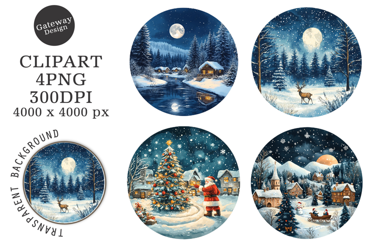 Watercolor Round Christmas Scenes Clipart