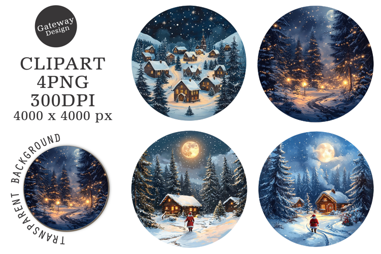 Watercolor Round Christmas Scenes Clipart