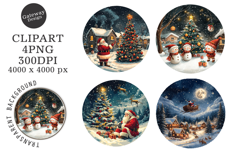 Watercolor Round Christmas Scenes Clipart