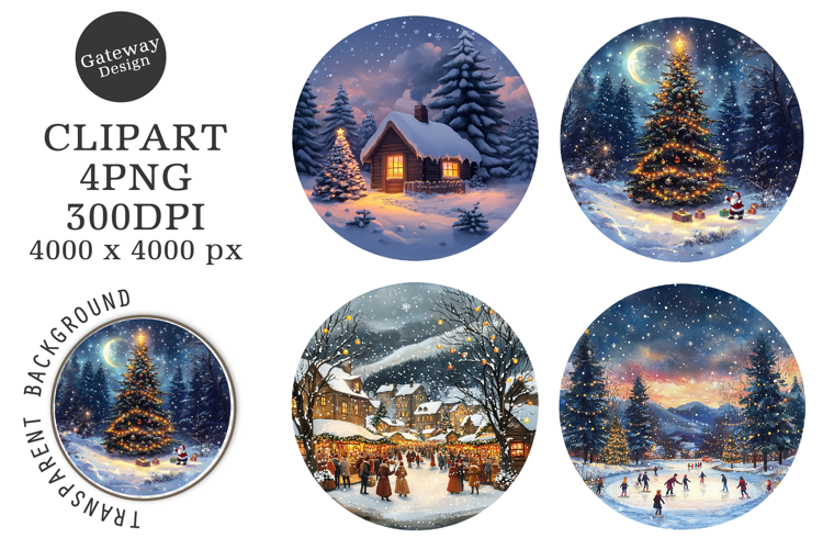 Watercolor Round Christmas Scenes Clipart