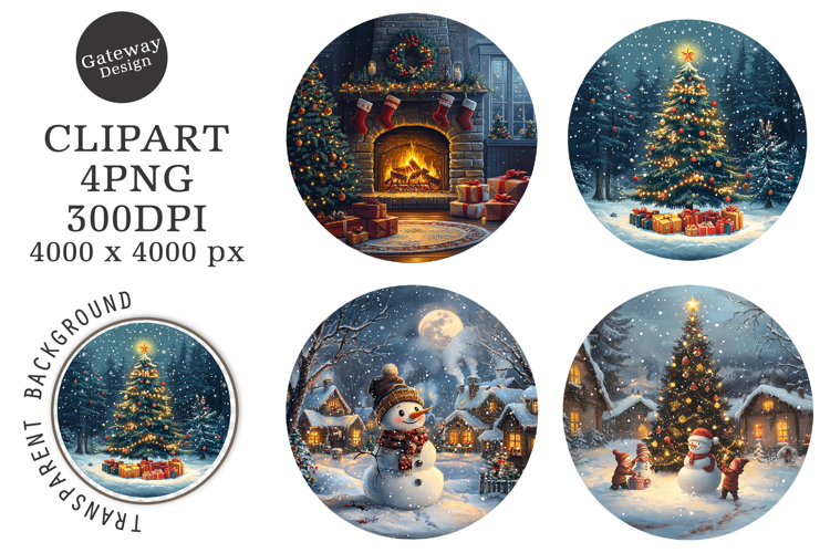Watercolor Round Christmas Scenes Clipart