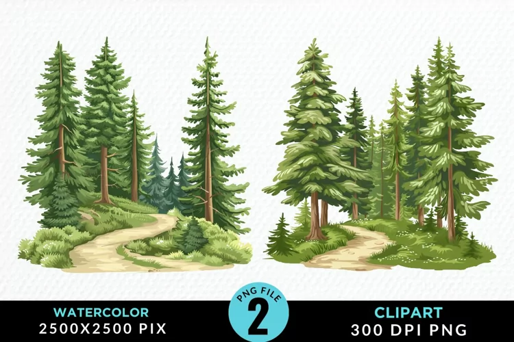Watercolor Row Of Trees Graphics Clipart