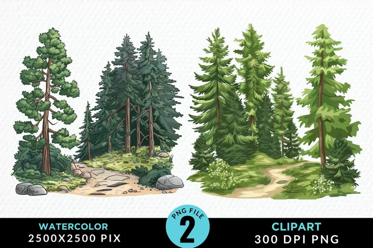 Watercolor Row Of Trees Graphics Clipart