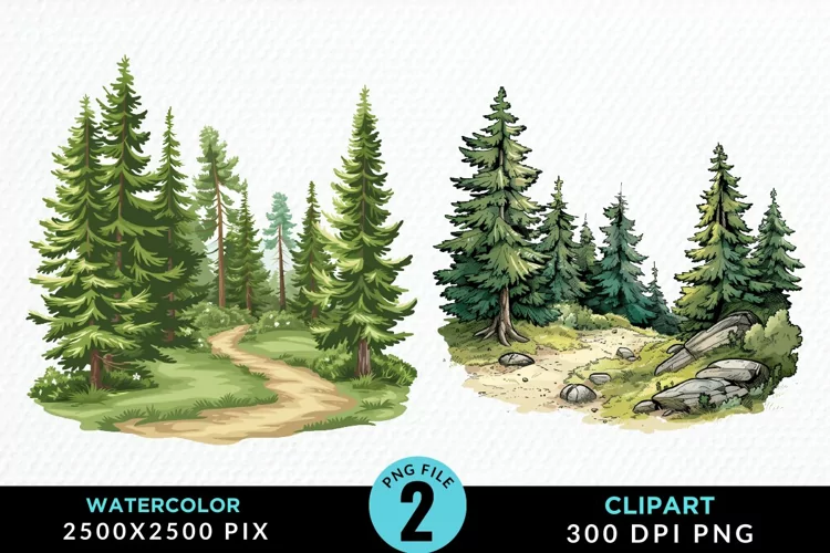 Watercolor Row Of Trees Graphics Clipart