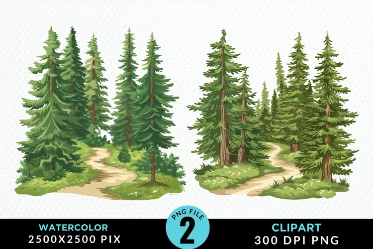 Watercolor Row Of Trees Graphics Clipart