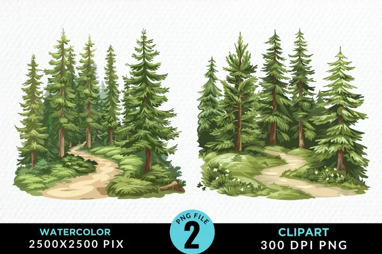 Watercolor Row Of Trees Graphics Clipart