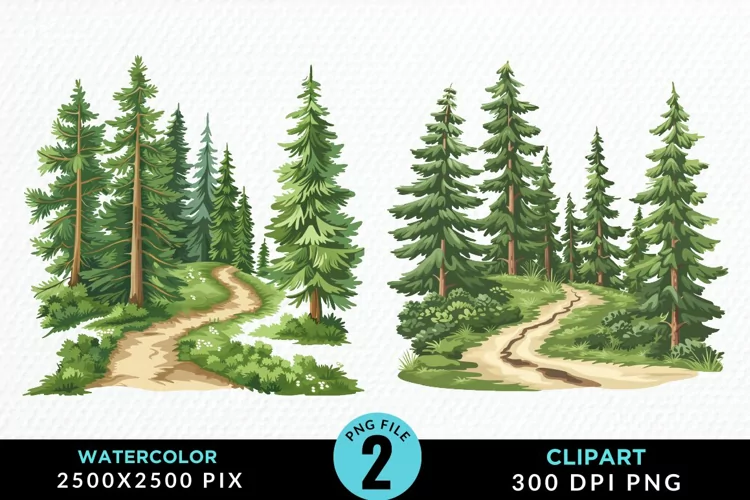 Watercolor Row Of Trees Graphics Clipart