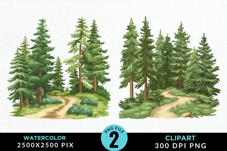 Watercolor Row Of Trees Graphics Clipart