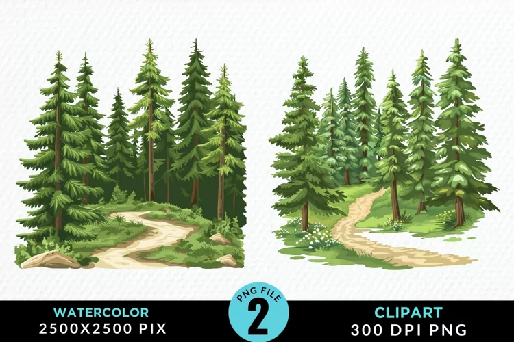 Watercolor Row Of Trees Graphics Clipart