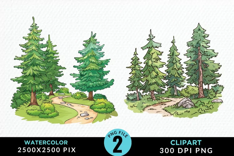 Watercolor Row Of Trees Graphics Clipart