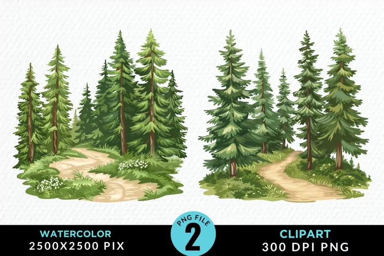 Watercolor Row Of Trees Graphics Clipart