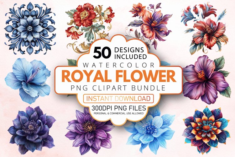 Watercolor Royal Flower Clipart Bundle