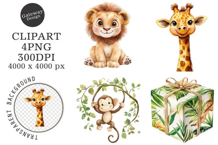 Watercolor Safari Animals Png