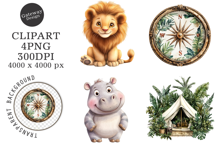 Watercolor Safari Animals Png