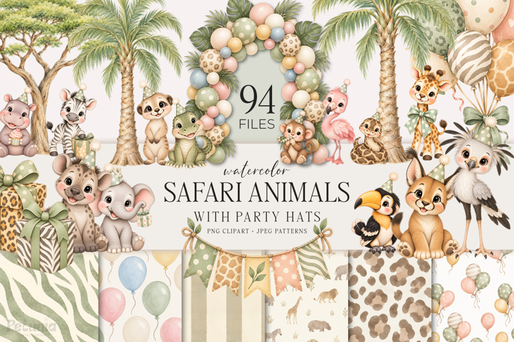 Safari Birthday Clipart, Animals with Party Hats