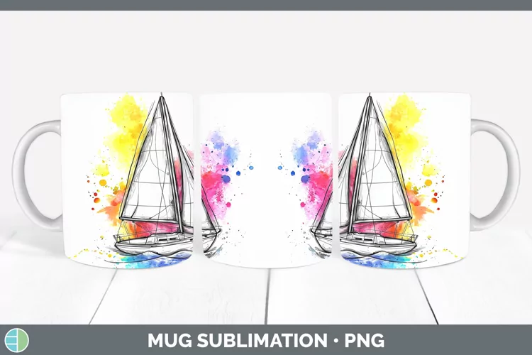 Watercolor Sail Boat Mug Wrap Sublimation Coffee Cup Designs