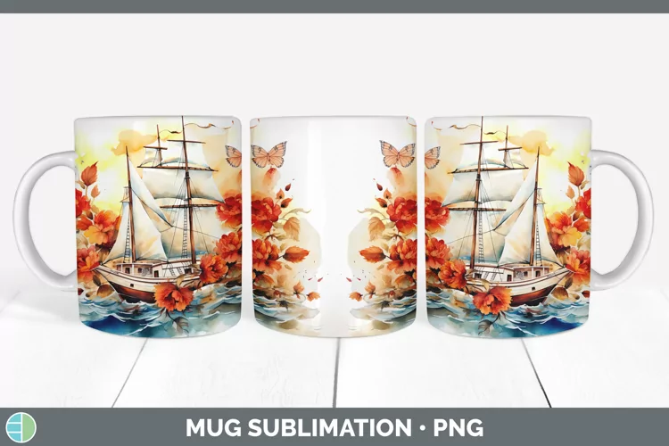 Watercolor Sail Boat Mug Wrap | Sublimation Coffee Cup Desig
