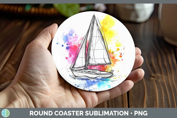 Watercolor Sail Boat Round Coaster Sublimation Coaster Desig