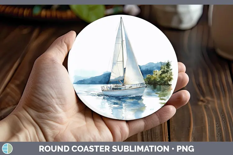 Watercolor Sail Boat Round Coaster Sublimation Coaster Desig