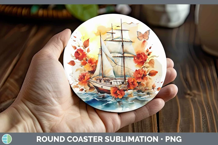 Watercolor Sail Boat Round Coaster | Sublimation Coaster Des