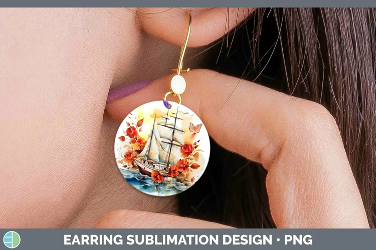 Watercolor Sail Boat Round Earrings | Sublimation Earrings D
