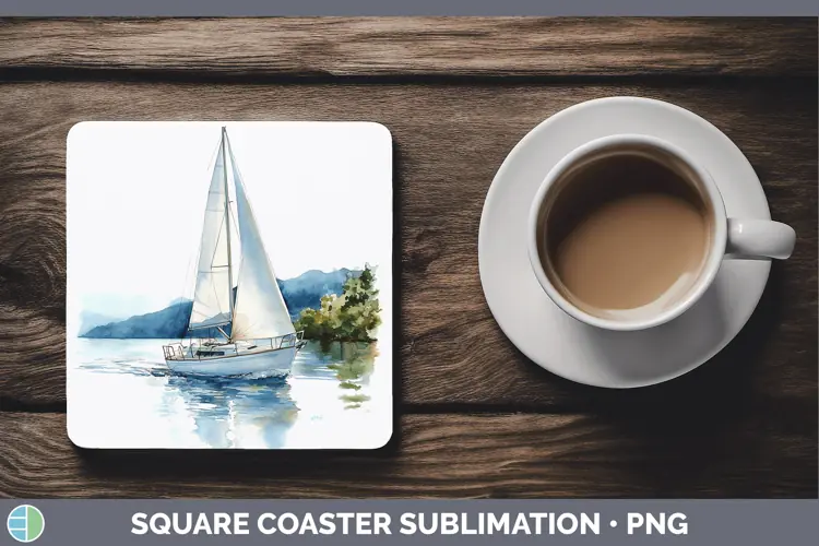 Watercolor Sail Boat Square Coaster Sublimation Coaster Desi