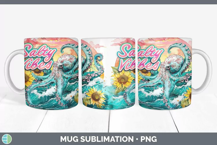 Watercolor Salty Vibes Octopus Mug Wrap Sublimation Coffee C